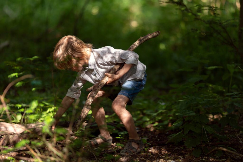 outdoor photo session with a little boy picking up sticks in the park