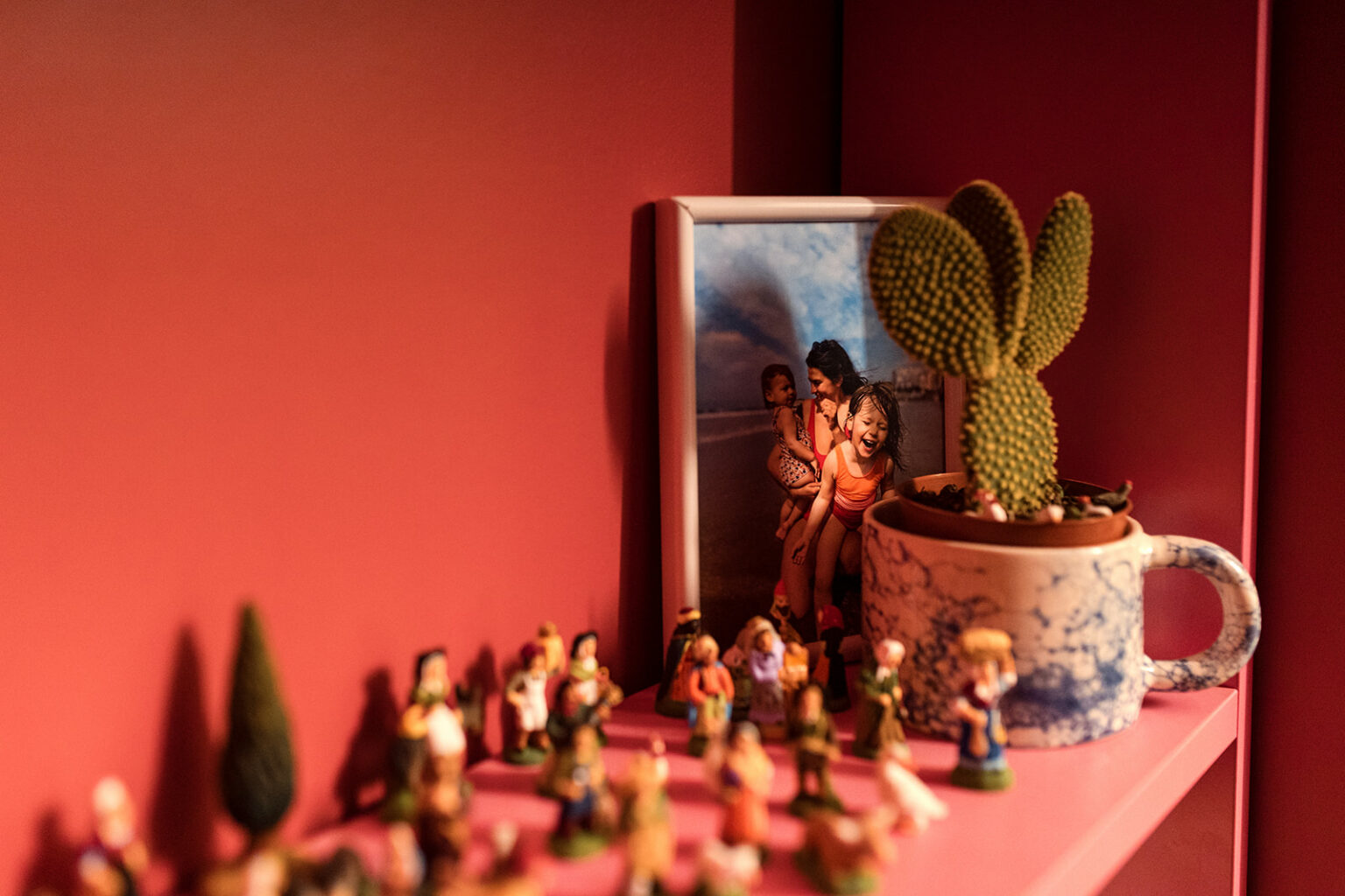 Family photograph displayed on a red shelf beside a cactus and small figurines